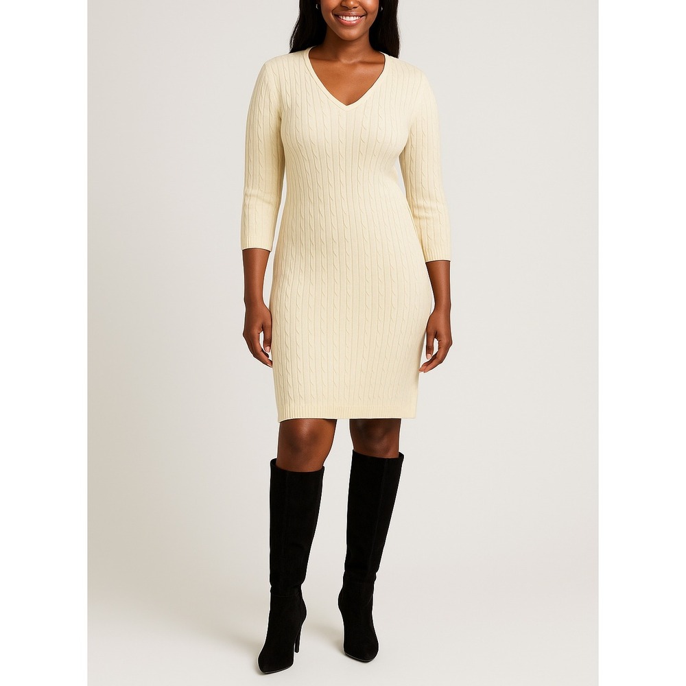 JJ Authentic Cable‎ Knit Sweater Dress Women's Ivory V Neck 3/4 Sleeve M/L